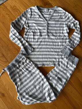 Hanna Andersson Organic Heather Gray White Striped Pajamas Adult Womens Set XL